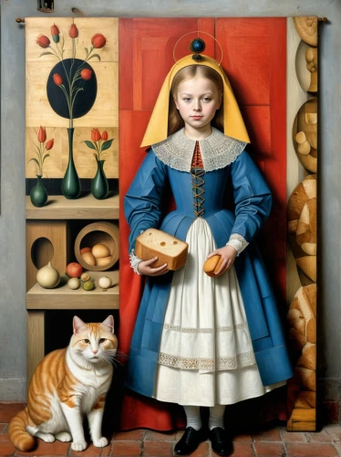 girl with bread-and-butter,girl in the kitchen,miniaturist,painter doll,girl picking apples,woman holding pie,netherlandish,red tabby,wooden doll,doll kitchen,girl with dog,petrina,girl with cereal bowl,antonello,the little girl,girl with a wheel,catroux,rosicrucians,tea party cat,still life with jam and pancakes,Art,Artistic Painting,Artistic Painting 45