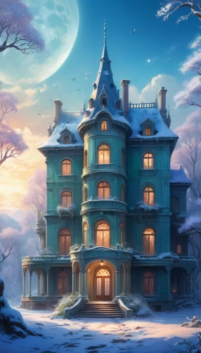 dreamhouse,fairy tale castle,winter house,fairytale castle,snowhotel,snow house,witch's house,winterplace,ghost castle,witch house,fantasy picture,fairy tale,victorian house,crooked house,house silhouette,innkeepers,mansion,neverland,apartment house,haunted castle,Illustration,Realistic Fantasy,Realistic Fantasy 01