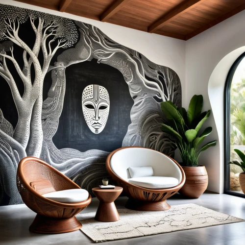 wall painting,interior decor,contemporary decor,platner,wall decoration,interior decoration,modern decor,bohemian art,ceramiche,wall decor,wallcoverings,african art,wall paint,interior modern design,interior design,decorative art,alcove,ficus,wallcovering,stucco wall,Illustration,Black and White,Black and White 04