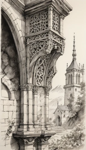 stonework,balustrade,watercolor paris balcony,pulpits,ironwork,orchestrion,archway,entablature,circular staircase,chimneypiece,stone gate,battlement,knight pulpit,gateposts,city gate,railings,wrought iron,pillars,ornamentation,old architecture,Illustration,Paper based,Paper Based 30