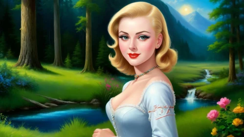 the blonde in the river,world digital painting,forest background,maureen o'hara - female,bridalveil,fairy tale character,photo painting,fantasy picture,elsa,galadriel,marilyn monroe,connie stevens - female,ninfa,landscape background,dorthy,heidi country,art painting,nature background,gwtw,chipko
