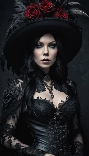 victorian lady,gothic woman,gothic portrait,victoriana,black rose,black hat,the hat of the woman,bewitching,rasputina,countess,vampire woman,tarja,witching,fantasy portrait,halloween witch,witch hat,vampire lady,black queen,victorian style,masquerade,Illustration,Realistic Fantasy,Realistic Fantasy 46