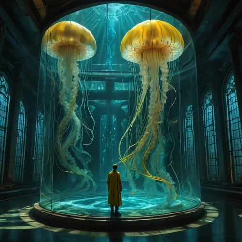 bioshock,undersea,sci fiction illustration,narcosis,lovecraftian,aquarium,aquariums,under sea,hastur,deep sea,hastula,jellyfish,lovecraft,cnidaria,deep ocean,subkingdom,imaginarium,deepsea,jellyfishes,aquarium inhabitants,Conceptual Art,Sci-Fi,Sci-Fi 01