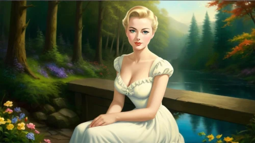 the blonde in the river,world digital painting,fairy tale character,fantasy picture,girl on the river,marylyn monroe - female,forest background,photo painting,ninfa,landscape background,blonde woman,marilyn monroe,cinderella,vasilisa,portrait background,mamie van doren,cartoon video game background,thumbelina,dorthy,fantasy woman