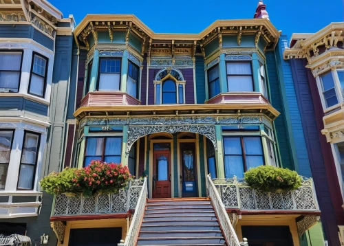 san francisco,sanfrancisco,sf,victorian,divisadero,haight,old victorian,duboce,painted lady,colorful facade,victorian house,beautiful buildings,rowhouses,taraval,rowhouse,sausalito,two story house,balconies,queen anne,brownstones,Illustration,Realistic Fantasy,Realistic Fantasy 44