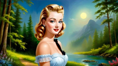connie stevens - female,the blonde in the river,dorthy,tuatha,forest background,landscape background,maureen o'hara - female,chipko,heidi country,fairy tale character,mountain scene,brigadoon,world digital painting,fantasy picture,nature background,marylyn monroe - female,dorothy,fantasy woman,fairyland,cartoon video game background