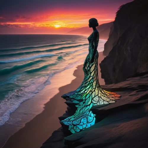 evening dress,girl on the dune,girl in a long dress,mermaid silhouette,fathom,bodypainting,fantasy picture,eveningwear,dreamscapes,enchantment,amphitrite,fantasy art,body painting,enchanting,aphrodite,woman silhouette,mermaid background,sirene,photo manipulation,glow of light,Conceptual Art,Fantasy,Fantasy 02