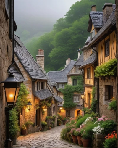 medieval street,mountain village,cottages,alpine village,wooden houses,stone houses,knight village,medieval town,half-timbered houses,maisons,escher village,mountain settlement,townscapes,row of houses,townhouses,old houses,shire,old village,highstein,beautiful buildings,Illustration,Black and White,Black and White 19