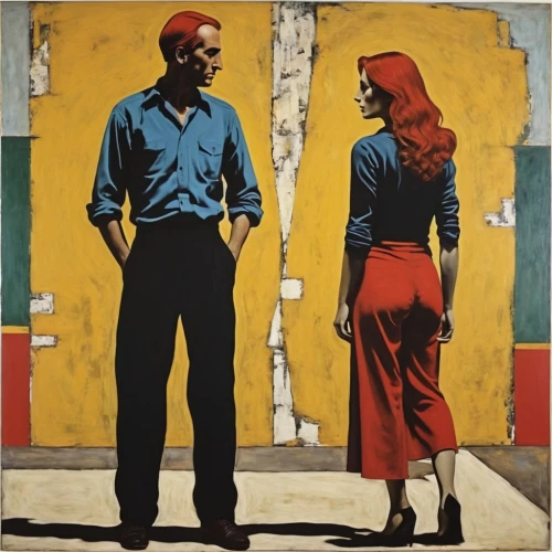vintage man and woman,two people,antonioni,man and woman,amants,cool pop art,mcginnis,kitaj,palmiotti,popart,young couple,vintage couple silhouette,jasinski,gangloff,as a couple,man and wife,vintage boy and girl,feitelson,pareja,pop art people,Conceptual Art,Oil color,Oil Color 15