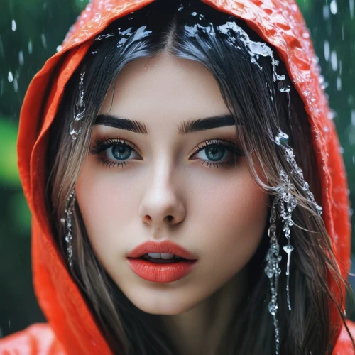 red coat,little red riding hood,red riding hood,red rose in rain,in the rain,raincoat,rainswept,snow white,rainy,rainwear,raindrops,mystical portrait of a girl,evgenia,rainy day,walking in the rain,romantic portrait,rain,dewdrops,wet girl,effluvia,Photography,Artistic Photography,Artistic Photography 12