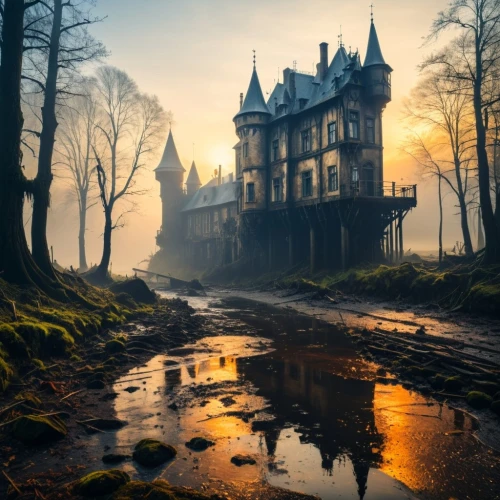 ghost castle,fairytale castle,fairy tale castle,haunted castle,the haunted house,witch's house,haunted house,gold castle,fairy tale,gothic style,witch house,abandoned house,fantasy picture,creepy house,castle of the corvin,gothic,chateaux,castles,a fairy tale,fantasy landscape,Photography,Documentary Photography,Documentary Photography 38