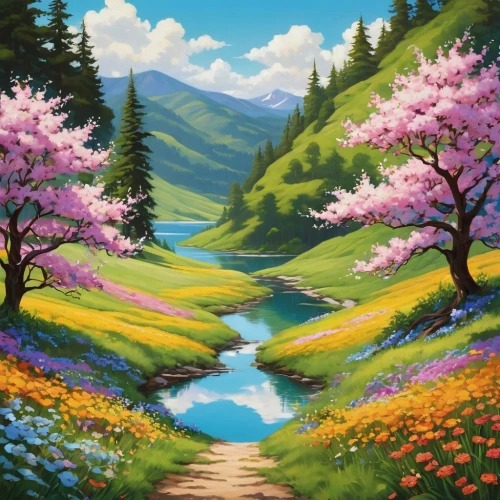 springtime background,spring background,japanese sakura background,landscape background,sakura trees,nature background,sakura background,flower painting,primavera,blooming field,nature landscape,meadow landscape,flower background,spring blossoms,blooming trees,spring nature,sakura tree,nature wallpaper,beautiful landscape,spring blossom,Illustration,Abstract Fantasy,Abstract Fantasy 10