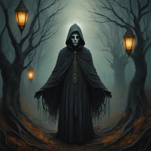 grimm reaper,grim reaper,witchfinder,samhain,mourners,occultist,necromancer,crone,oscura,dark art,conjurer,cloaked,conjuration,darkling,moonsorrow,halloween illustration,covens,hallowed,halloween background,mourner,Illustration,Realistic Fantasy,Realistic Fantasy 02