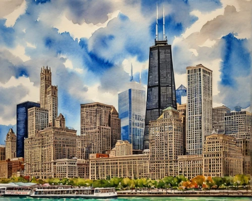 chicago skyline,chicago,manhattanite,city skyline,chicagoan,skyscrapers,chicagoland,new york skyline,1 wtc,metra,manhattan skyline,ctbuh,wtc,skyline,cityscape,tall buildings,dearborn,sears tower,kimmelman,city scape,Illustration,Paper based,Paper Based 24