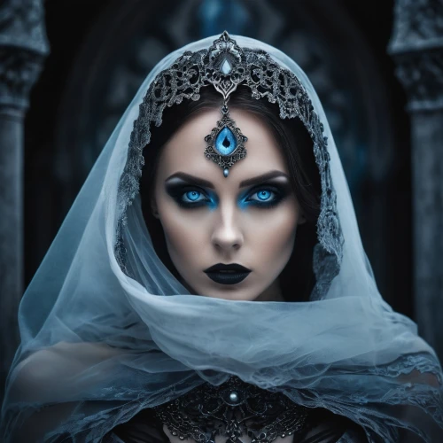 gothic portrait,gothic woman,blue enchantress,priestess,gothic style,the snow queen,gothic,sorceresses,sorceress,ice queen,estess,priestesses,dark gothic mood,the enchantress,dark elf,hekate,hecate,mystical portrait of a girl,prioress,demoness,Illustration,Realistic Fantasy,Realistic Fantasy 46