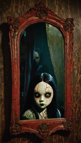 doll looking in mirror,primitive dolls,orona,doll's head,halloween frame,doll head,collectible doll,female doll,day of the dead frame,anabelle,annabelle,llorona,coraline,child's frame,daguerreotype,retro frame,leota,mirror of souls,gothic portrait,the mirror,Illustration,Abstract Fantasy,Abstract Fantasy 19