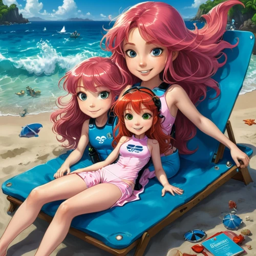 redheads,pink beach,lilo,beach goers,beach background,ponyo,beachgoers,mermaids,pinzi,burkinabes,mermaid background,beach chairs,lover's beach,umbrella beach,sea beach,little mermaid,verano,beach furniture,summer background,kawaii people swimming,Illustration,Abstract Fantasy,Abstract Fantasy 23