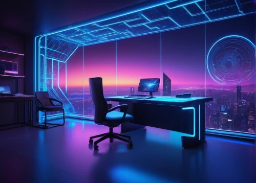 computer room,blur office background,neon human resources,modern office,cyberscene,spaceship interior,working space,creative office,ufo interior,desk,3d background,cybercafes,the server room,neon light,computer workstation,office desk,workspaces,cyberspace,study room,cyberpunk,Art,Artistic Painting,Artistic Painting 41