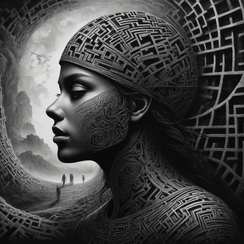 afrofuturism,biomechanical,african art,woman thinking,inanna,precognition,cognition,pineal,fractals art,wadjet,telepath,phleger,giger,sci fiction illustration,labyrinths,cybernetically,ancient egyptian girl,shamanic,mindscape,cybernetic,Illustration,Paper based,Paper Based 04