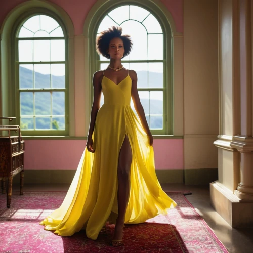 tiana,a floor-length dress,solange,dirie,yellow jumpsuit,yellow,tracee,siriano,chimamanda,queenly,vanity fair,oshun,yellow purse,knowles,splendor,yellow daffodil,thandie,yellow mustard,queening,yellow color,Photography,General,Realistic