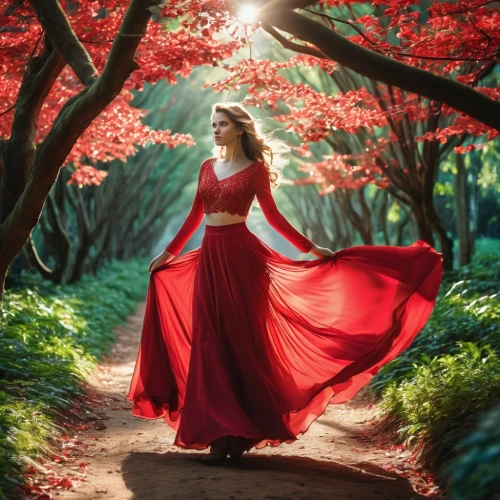red gown,man in red dress,lady in red,girl in a long dress,girl in red dress,ballerina in the woods,red cape,red riding hood,way of the roses,hanbok,fantasy picture,walking in a spring,red coat,enchanting,fairy tale,red tunic,flamenca,woman walking,fairytale,girl walking away,Photography,General,Realistic
