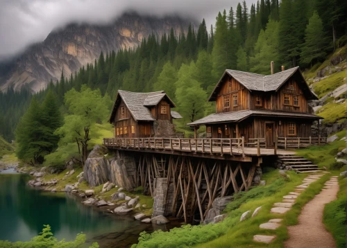 mountain huts,house with lake,house in mountains,wooden houses,house in the mountains,alpine village,mountain village,mountain settlement,boathouses,mountain hut,floating huts,log cabin,the cabin in the mountains,landscape background,log home,stilt houses,longhouses,wooden bridge,emerald lake,tianchi,Illustration,Realistic Fantasy,Realistic Fantasy 22