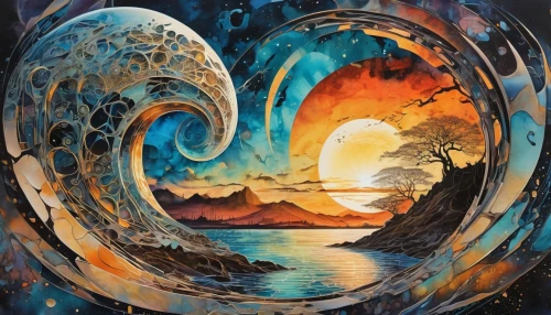 samudra,yinyang,tidal wave,vortex,spiral art,swirled,colorful spiral,time spiral,fantasy art,whirlwinds,swirling,sun moon,atlanticus,ocean waves,space art,oil painting on canvas,samuil,tsunami,oceano,sun and moon,Conceptual Art,Sci-Fi,Sci-Fi 24