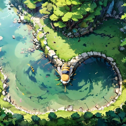 koi pond,crescent spring,pond,mountain spring,water spring,mushroom island,a small lake,floating islands,swim ring,wishing well,garden pond,lily pond,floating island,pigeon spring,hotsprings,artificial islands,island suspended,kanto,fishpond,underwater oasis,Anime,Anime,Realistic