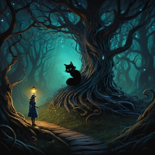 haunted forest,alice in wonderland,the girl next to the tree,schierholtz,fairy tale,forest path,little red riding hood,enchanted forest,hollow way,red riding hood,a fairy tale,halloween background,fantasy picture,girl with tree,terabithia,the woods,storybook,schierstein,schierke,game illustration,Illustration,Realistic Fantasy,Realistic Fantasy 27