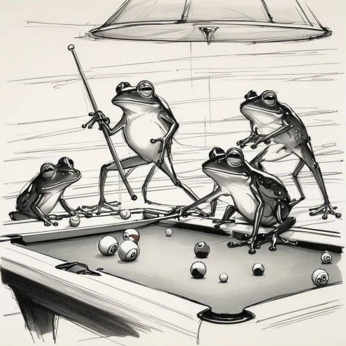 frogs,frog gathering,toads,chytrid,kawaii frogs,tree frogs,bullfrogs,amphibians,frog background,billiards,xenopus,icegators,froggies,game illustration,leapfrogs,frogging,snooker,jazz frog garden ornament,frog king,battletoads,Illustration,Black and White,Black and White 08