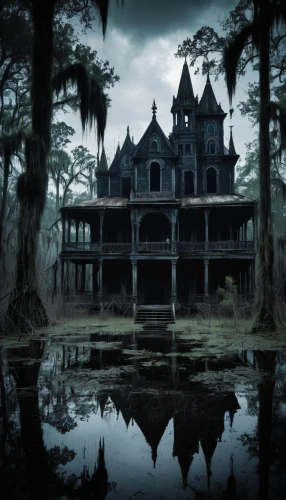 ghost castle,witch house,creepy house,the haunted house,haunted castle,haunted house,cassadaga,witch's house,bayou,house silhouette,morganville,house in the forest,alachua,abandoned house,dreamhouse,florida home,sanitarium,house with lake,the ugly swamp,hauntings,Illustration,Realistic Fantasy,Realistic Fantasy 46