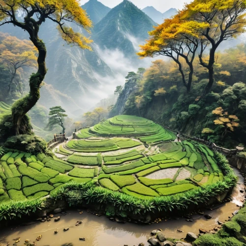 rice terrace,rice fields,mountain landscape,vietnam,rice terraces,yangshao,japan landscape,japanese zen garden,green landscape,moss landscape,mountainous landscape,guizhou,mountain scene,world digital painting,kanto,landscape background,ricefield,fantasy landscape,the rice field,rice field,Illustration,Black and White,Black and White 23