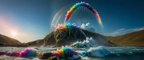 rainbow waves,waterval,colorful water,splash photography,water splash,fountain of friendship of peoples,water display,geyser,water fall,cascading,bifrost,sea water splash,water spout,jet d'eau,rainbow bridge,dolphin fountain,splash water,niagra,cascade,great fountain geyser
