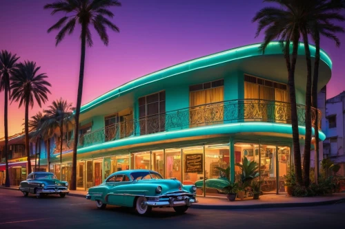 classic car and palm trees,art deco,retro diner,beverly hills hotel,aronde,pan pacific hotel,drive in restaurant,holiday motel,fifties,hotel riviera,packard one-twenty,motels,autopia,riviera,blue hawaii,packard,belair,motel,fleetline,beverly hills,Art,Classical Oil Painting,Classical Oil Painting 11