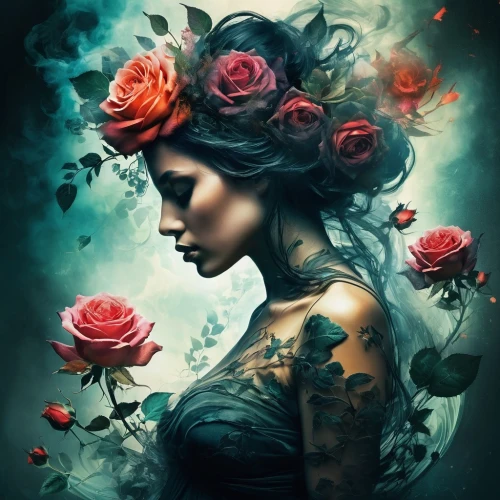 persephone,landscape rose,scent of roses,unseelie,rosa 'the fairy,way of the roses,blue rose,spray roses,rose flower illustration,fantasy art,viveros,faery,romantic rose,wild roses,blue moon rose,elven flower,flower rose,noble roses,mystical portrait of a girl,the sleeping rose,Conceptual Art,Fantasy,Fantasy 05
