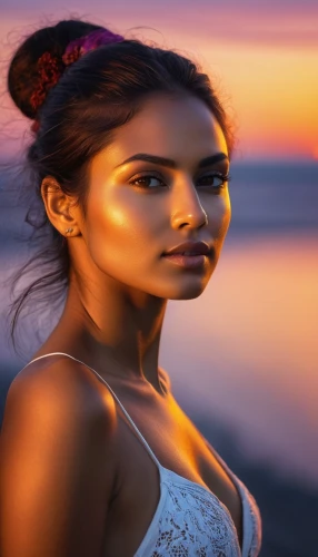 sunset glow,indian woman,mystical portrait of a girl,portrait background,polynesian girl,indian girl,marshallese,girl on the dune,romantic portrait,inanna,dusk background,image manipulation,beach background,flower in sunset,photoshop manipulation,tahitian,colorful background,young woman,world digital painting,zarina,Photography,General,Natural