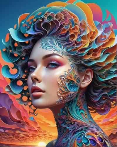 fractals art,colorful spiral,fantasy art,vibrantly,boho art,spiral art,bodypainting,coral swirl,boho art style,colorful background,imaginacion,fluidity,vibrancy,mermaid background,neon body painting,psychedelic,mermaid vectors,rainbow waves,bohemian art,body painting,Illustration,Realistic Fantasy,Realistic Fantasy 39