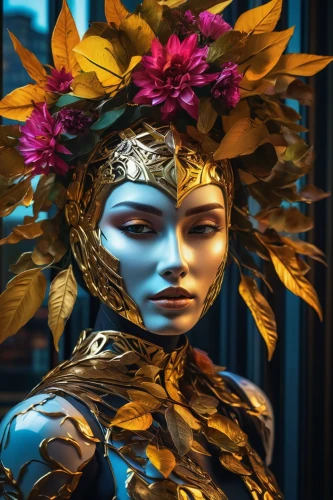 venetian mask,masquerade,headdress,golden wreath,diwata,golden mask,headpiece,gold mask,baoshun,golden crown,golden flowers,headdresses,girl in a wreath,headress,oshun,amidala,mascarade,amazonica,the carnival of venice,gold flower,Photography,Artistic Photography,Artistic Photography 08