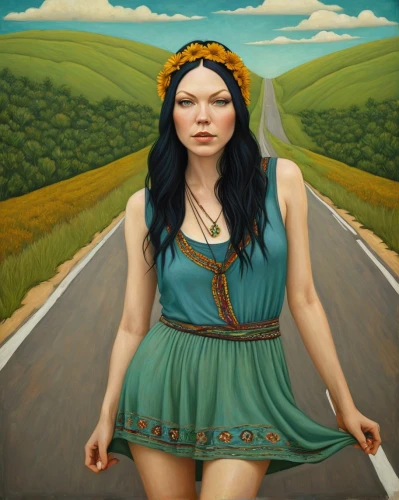 jasinski,vause,shepherdess,countrywoman,fantasy portrait,fantasy art,woman walking,world digital painting,girl in a long,donsky,girl with a wheel,tuatha,girl with bread-and-butter,roadless,winding road,hitchhike,bohemian art,girl walking away,long road,country road,Illustration,Abstract Fantasy,Abstract Fantasy 17