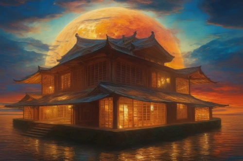 asian architecture,wooden house,golden pavilion,ancient house,the golden pavilion,oriental lantern,teahouse,oriental painting,mid-autumn festival,floating huts,fisherman's house,house of the sea,world digital painting,stilt house,house with lake,oriental,dreamhouse,houseboat,house by the water,houseboats,Conceptual Art,Fantasy,Fantasy 05