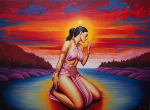 oil painting on canvas,bodypainting,art painting,girl on the river,flamenca,pintura,oil painting,ariadne,indigenous painting,chicana,inanna,neon body painting,anishinabe,oil on canvas,mexican painter,sirene,amphitrite,body painting,dream art,woman thinking,Illustration,Realistic Fantasy,Realistic Fantasy 45