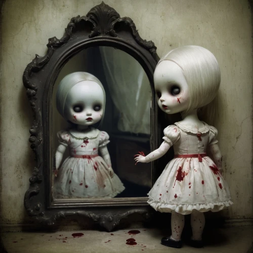 doll looking in mirror,porcelain dolls,dolls,anabelle,mirror of souls,sopor,marionette,mirror image,dollfus,doll house,doll's head,repulsion,painter doll,primitive dolls,mirrormask,doll head,tumbling doll,pierrot,doll figures,the mirror,Illustration,Abstract Fantasy,Abstract Fantasy 06