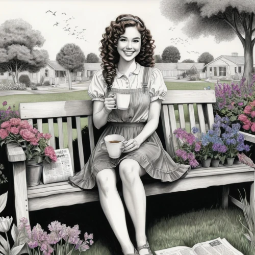 shirley temple,girl in the garden,watercolor pin up,avonlea,liesel,vintage girl,retro pin up girl,book illustration,girl picking flowers,dorthy,girl sitting,park bench,vintage woman,girl in flowers,vintage illustration,yildiray,coffee tea illustration,photo painting,girl lying on the grass,retro girl,Illustration,Black and White,Black and White 30