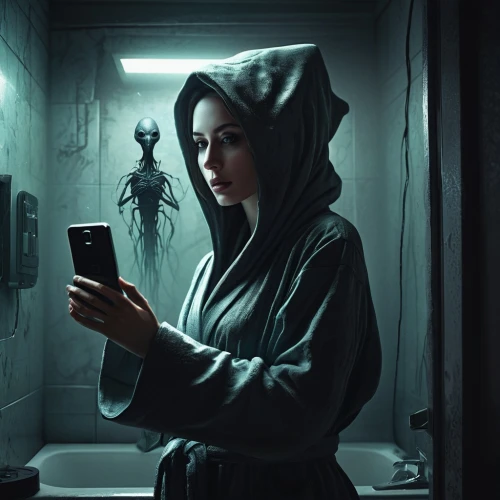 woman holding a smartphone,elektra,sci fiction illustration,heatherley,play escape game live and win,bathrobe,game illustration,enciphering,inmate,girl making selfie,mobile gaming,palps,hoodie,bathrobes,darkrooms,arkham,social media addiction,jailbreaking,nightclothes,isolda,Conceptual Art,Fantasy,Fantasy 11