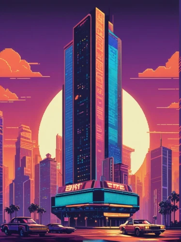 cybercity,polara,vdara,cybertown,skyscraper,cyberport,the skyscraper,hotel riviera,miami,metropolis,cinerama,retro background,retro styled,skyscrapers,megacorporation,fantasy city,luanda,intercontinental,skylstad,synth,Unique,Pixel,Pixel 01
