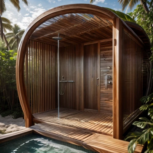 wooden sauna,cabanas,garden design sydney,cabana,luxury bathroom,thalassotherapy,tropical house,floating huts,pool house,banyan,inverted cottage,summer house,bamboo curtain,electrohome,hawaii bamboo,landscape design sydney,mustique,dug-out pool,summerhouse,round hut