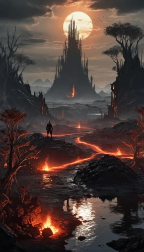 fantasy landscape,darklands,volcanic landscape,scorched earth,castlevania,volcanic,fantasy picture,dark world,mordor,burned land,malom,firelands,burning earth,lava,fantasy art,nekrasov,halloween background,blackmoor,volcanism,world digital painting,Conceptual Art,Fantasy,Fantasy 33