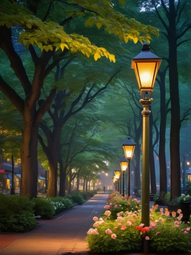 the park at night,tree lined avenue,tree-lined avenue,streetlamps,tree lined path,street lamps,walk in a park,tree lined lane,light posts,pedestrian lights,street lights,streetlights,japan garden,urban park,gas lamp,outdoor street light,tree lined,central park,dark park,streetlamp,Art,Artistic Painting,Artistic Painting 25