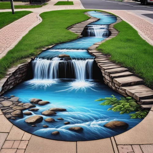 3d art,flooded pathway,water feature,water channel,flowing water,water flowing,landscaped,nature art,waterflow,street art,floor fountain,stormwater,landscape designers sydney,water flow,aquiculture,flowing creek,spiral art,chalk drawing,water stairs,water scape,Photography,General,Realistic