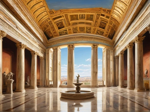 glyptothek,zappeion,vatican museum,peristyle,musei vaticani,neoclassicism,marble palace,school of athens,neoclassical,greek temple,vittoriano,colonnades,campidoglio,ancient rome,colonnaded,glyptotek,hall of nations,three pillars,classical antiquity,classicism,Art,Classical Oil Painting,Classical Oil Painting 09